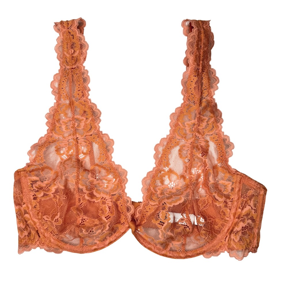 Orange Lace Underwire Bra 36D Plunge Sheer Fairy Romantic Layering Coquette Boho